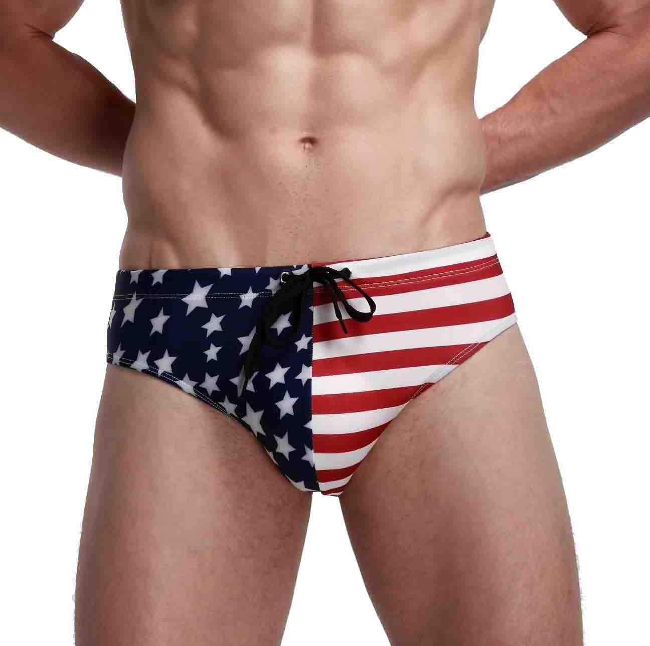 Linemoon Mens American Flag Swim Briefs Fashion Low Rise Beach Swimsuits with Drawstring