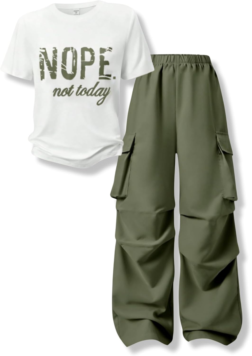 Voxikidio Girls Clothes Little Girl Outfits Letter Print Short Sleeve Tops &amp; Cargo Pants 2PCS Girls Clothing 7-16 Years
