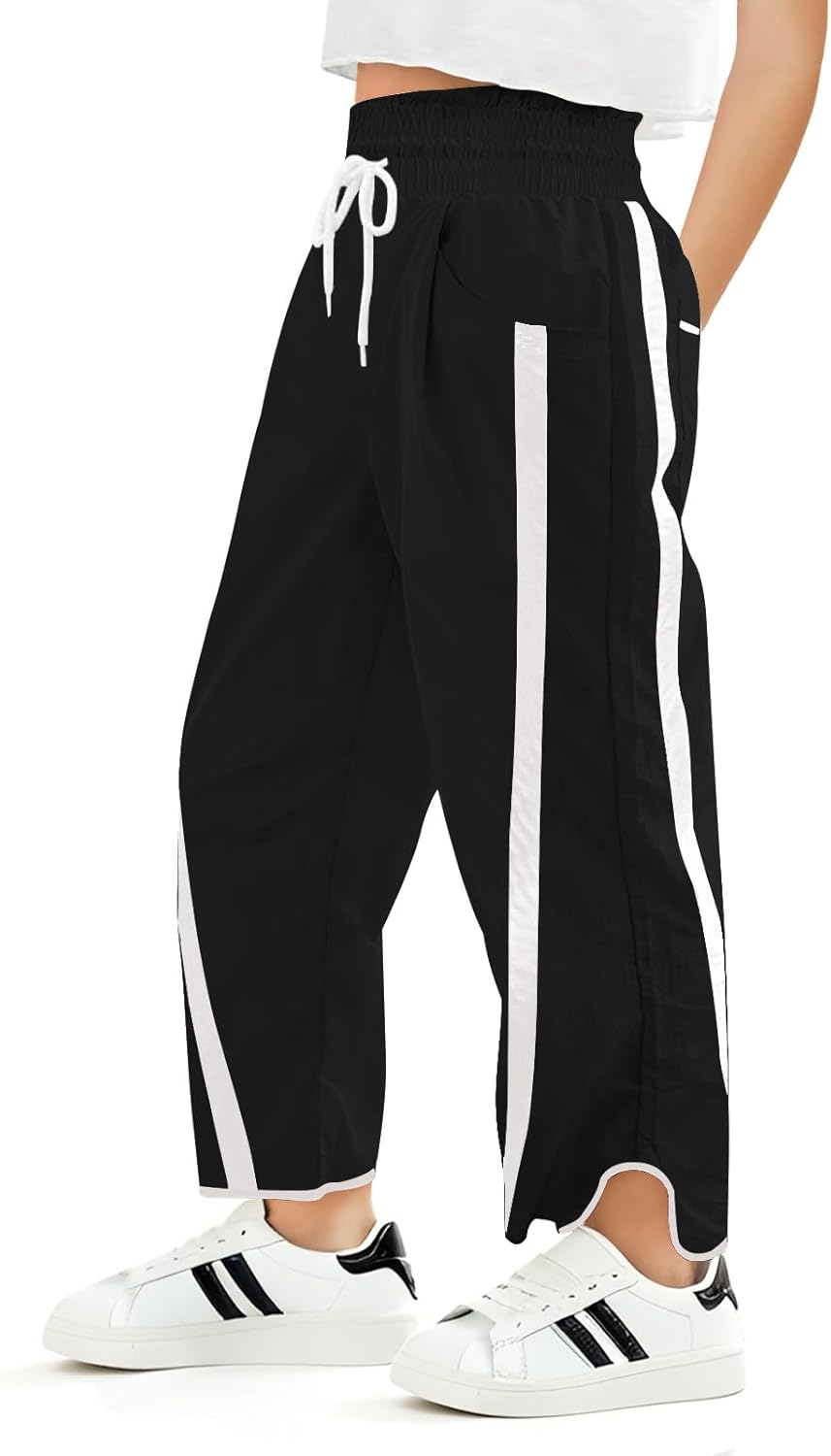 Haloumoning Girls Baggy Wide Leg Pants Kids Striped Elastic Waist Parachute Track Pants with Pockets 5-14 Years