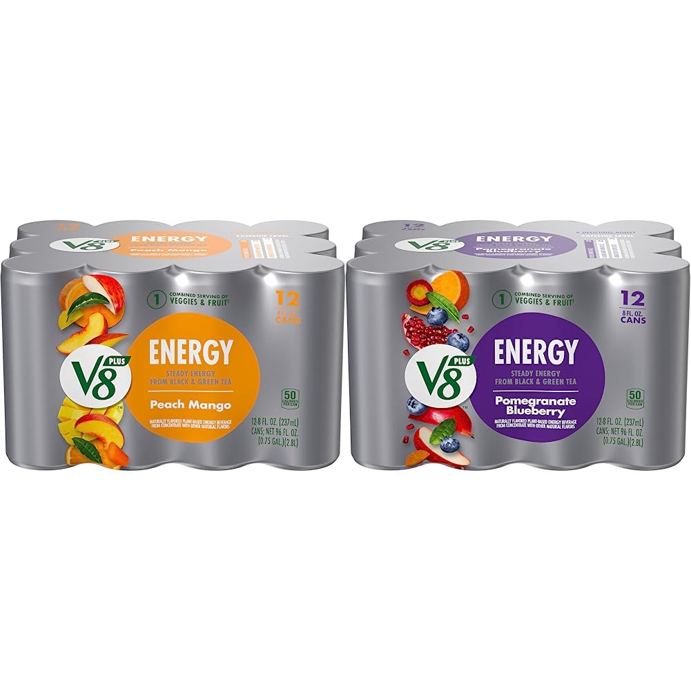 V8 Energy Variety Pack 24 Count, Peach Mango &amp; Pomegranate Blueberry, 8 FL Oz Can (2 Packs of 12)