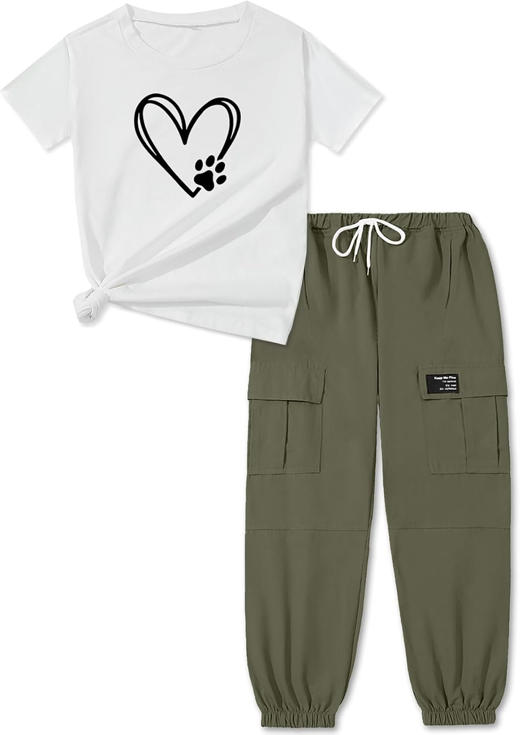 ARTMINE Girls' 2 Piece Outfits Casual Drawstring Jogger Pants and Basic Short Sleeve Top Set, 6-14 Years
