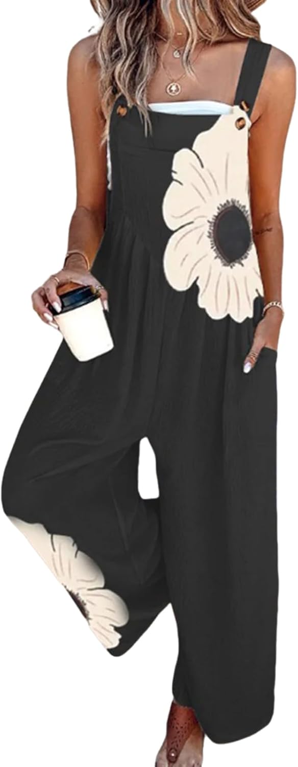 QXE Women's Jumpsuits 2026 Summer Floral Overalls One Piece Outfits Sleeveless Wide Leg Pants Rompers with Pockets