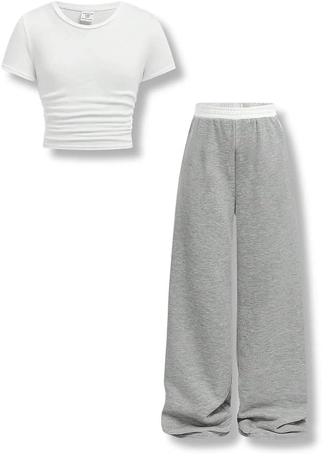 Voxikodex 7-14 Years Girls Sizes 2 Piece Casual Set Ruched Short Sleeve Fitted Waist-Cinched Top &amp; Wide Leg Pants