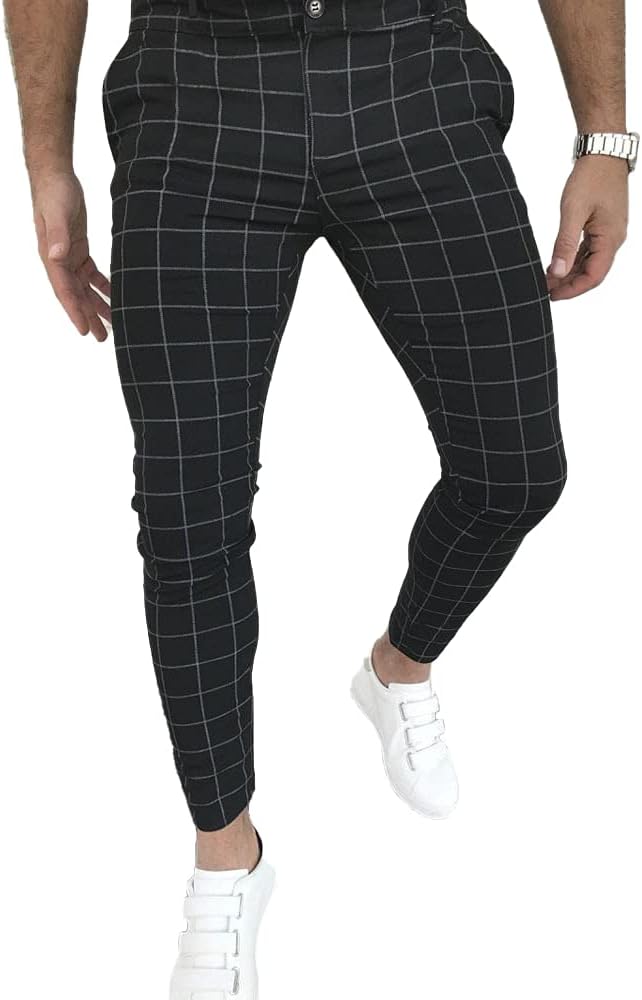 Men's Slim Fit Dress Pants Business Casual Stretch Slacks with Plaid Options