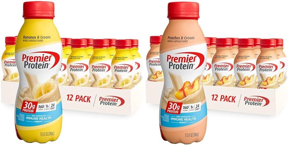 Premier Protein Shake Bananas &amp; Cream and Peaches &amp; Cream 30g Protein 1g Sugar 24 Vitamins Minerals Nutrients Immune Health Support 138 Fl Oz 24 Pack