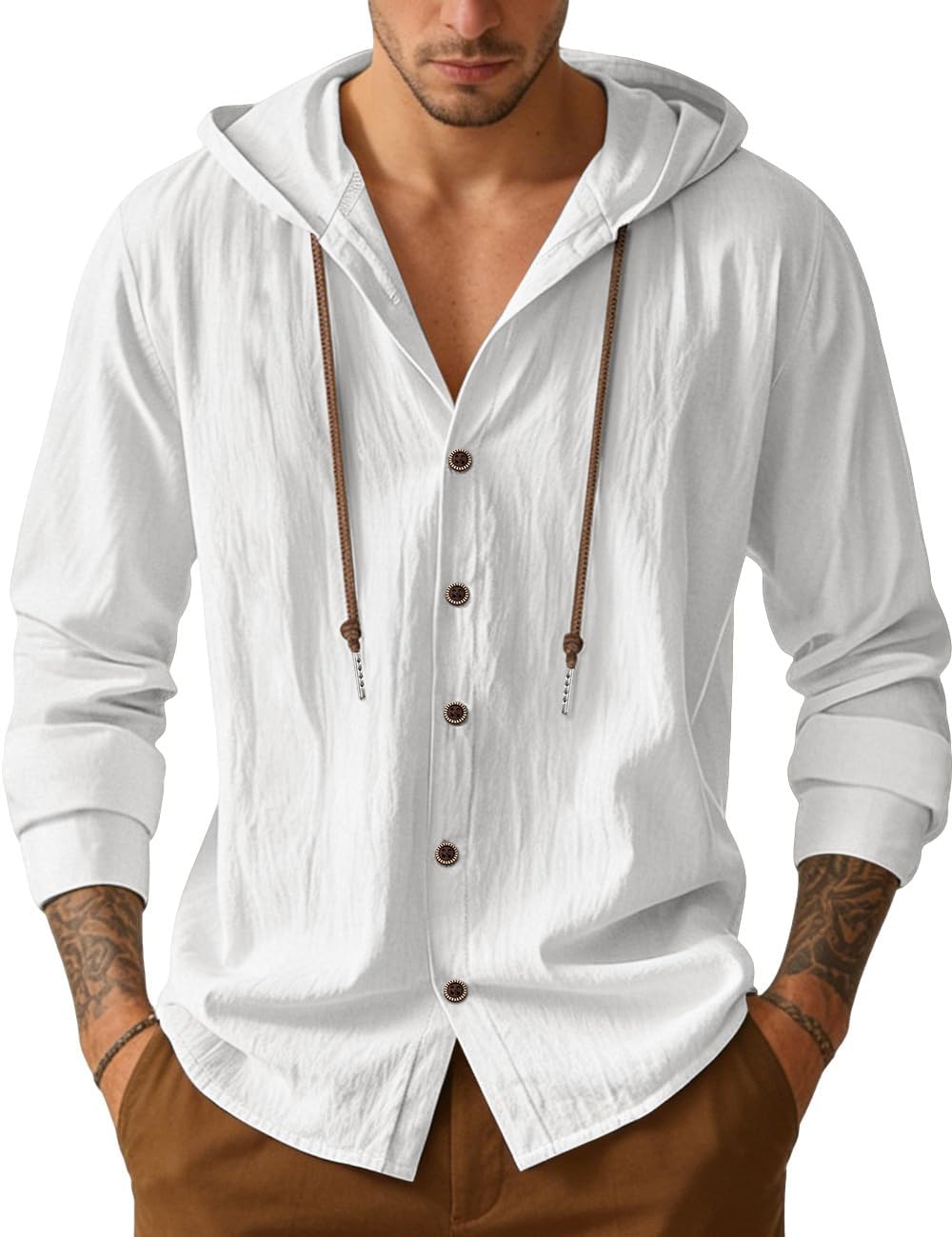 QOSOQ Mens Cotton Linen Button Down Hoodies Long Sleeve Casual Hoodies Hawaiian Beach Top Lightweight Fashion Shirts