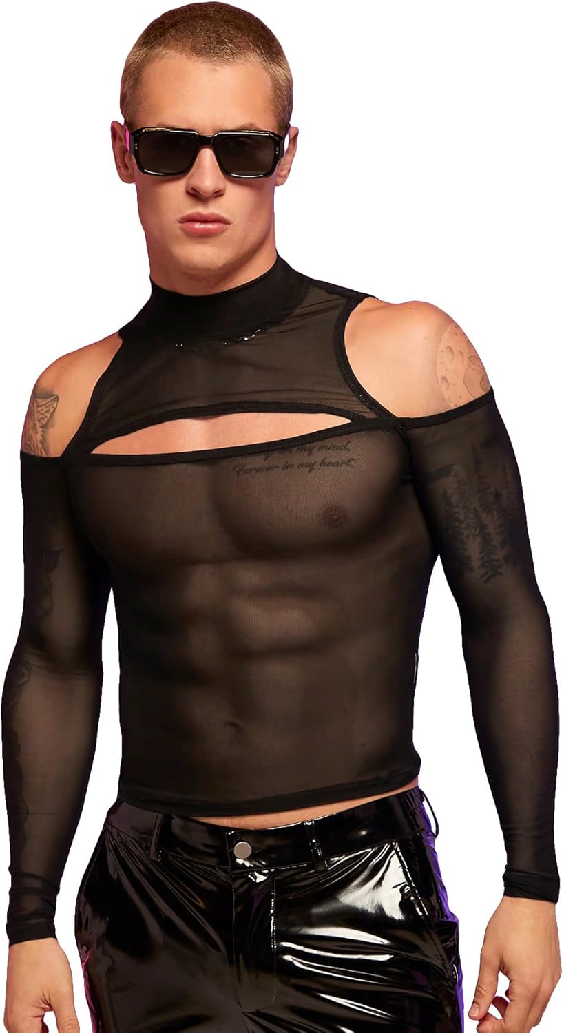 WDIRARA Men's Cut Out Front Mesh Sheer Mock Neck Long Sleeve Bodycon Party Blouse Tops
