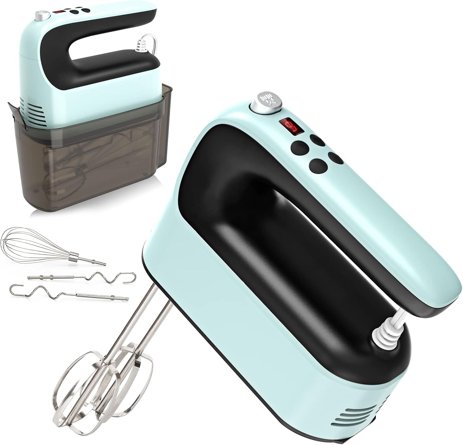 Yomelo 9-Speed Digital Hand Mixer Electric, 400W Powerful DC Motor, Hand Mixer Electric Handheld with Snap-On Storage Case, 5 Stainless Steel Accessories, Beaters, Dough Hooks, Whisk(Ice Blue\/Black)