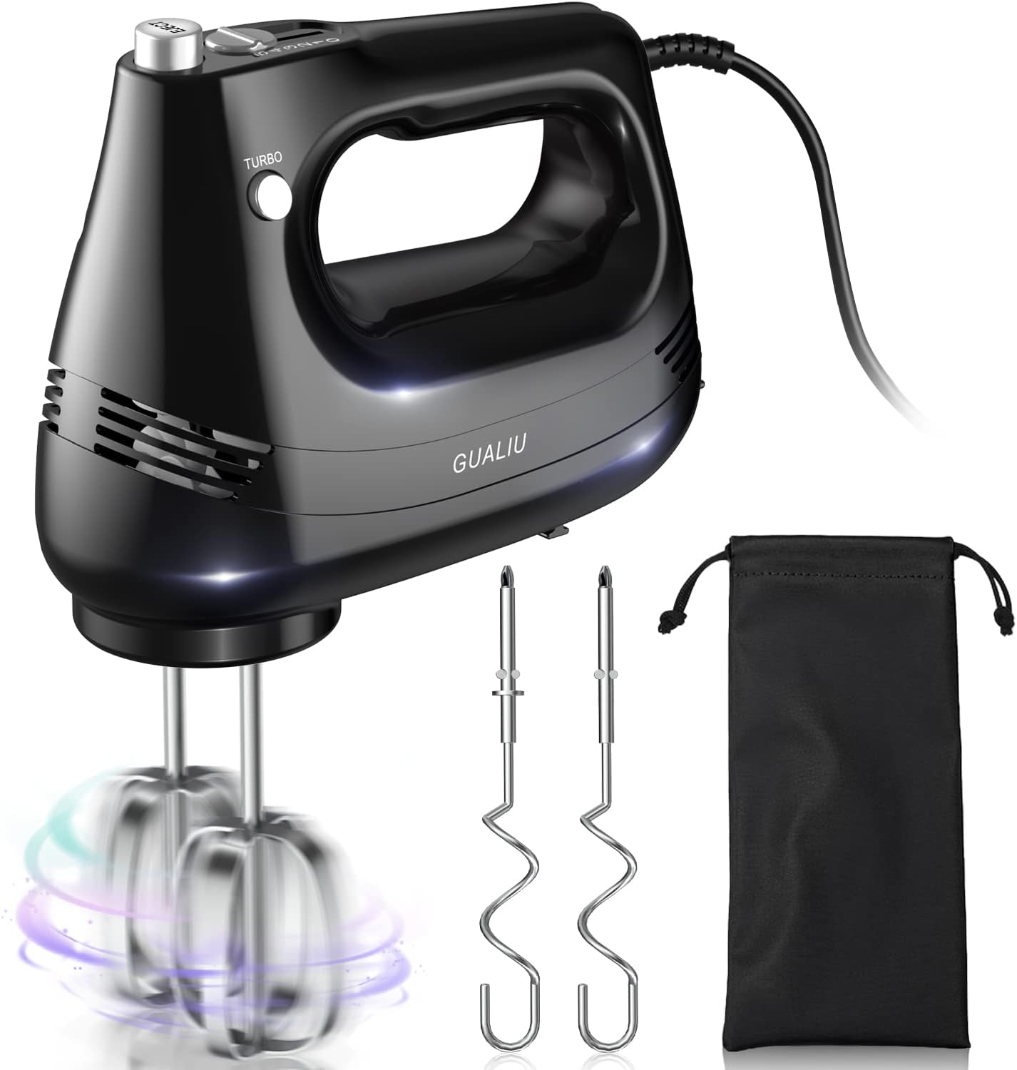 GUALIU Electric Hand Mixer with Stainless Steel Whisk, Dough Hook Attachment and Storage Bag, Handheld Mixer for Baking Cakes, Eggs, Cream Food Mixers. Turbo Boost \/5 Speed Kitchen Blender