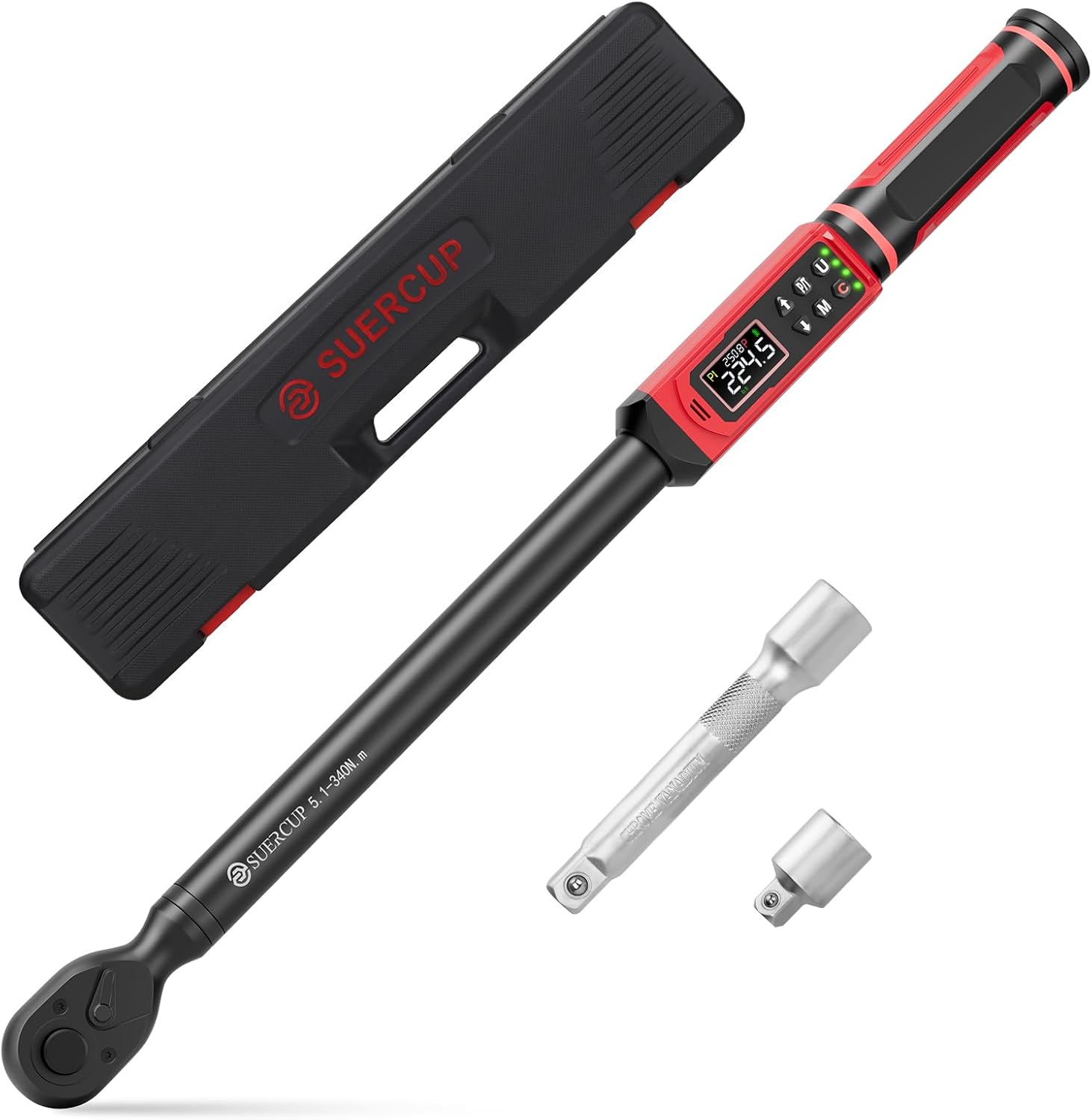 SUERCUP 1\/2-inch Digital Torque Wrench(3.8-250.8Ft.Lb\/5.1-340Nm) ±1% Accuracy Digital Torque Wrench with Vibration, Buzzer,LED Notification and Five Units of Measure, for Car,Motorcycle Repair, DIY