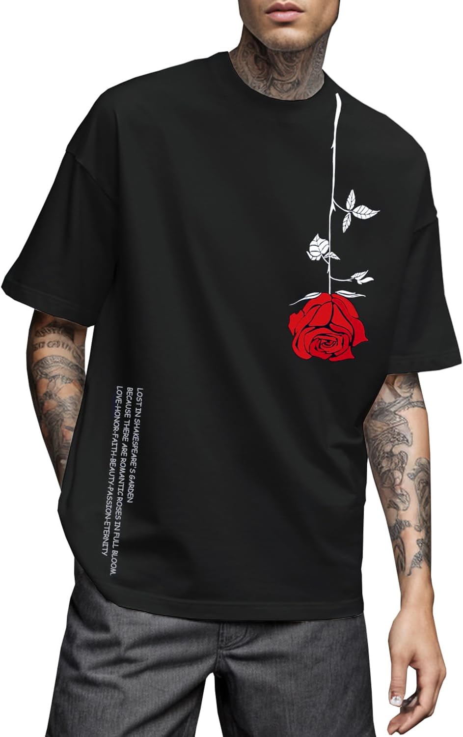 UOUA Mens Graphic Tees Vintage T-Shirts Oversized Letter Print Casual Crewneck Cotton Top Short Sleeve Rapper Streetwear