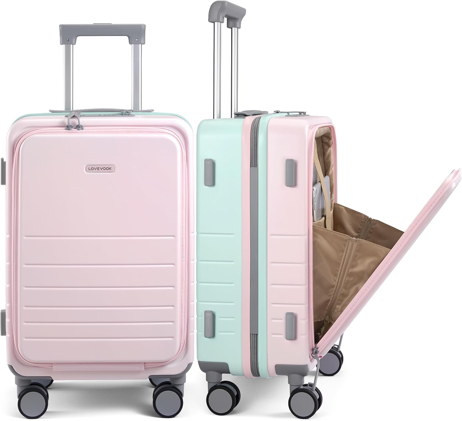LOVEVOOK Hard Shell Carry On Luggage 22x14x9 Airline Approved,22 Inch Cute Carry On Suitcase with Spinner Wheel TSA Lock,Lightweight Travel Luggage Rolling Suitcase,Gifts for Men Women,Pink-Mint green