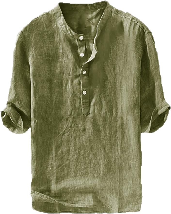 Ryannology Mens Linen Shirts Casual Cotton 3\/4 Sleeve Regular-Fit Henley T-Shirt Summer Lightweight Beach Yoga Tops