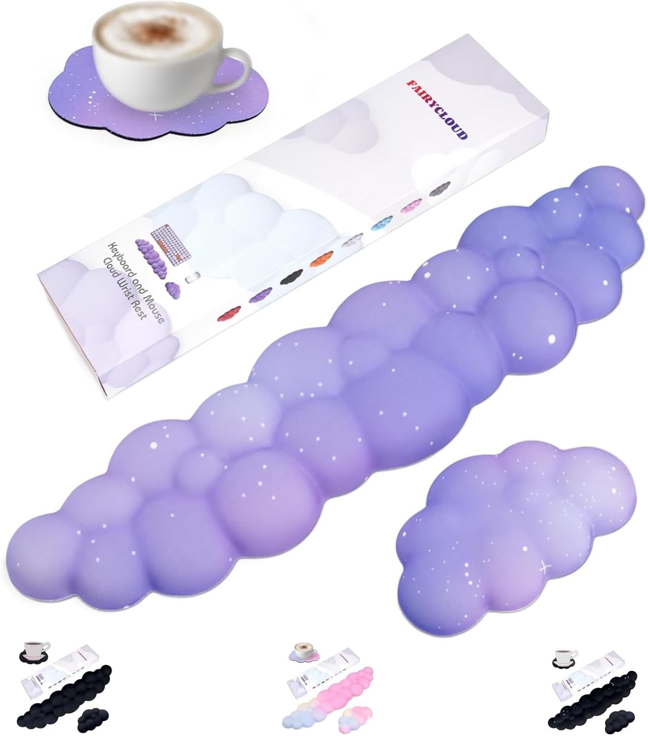 LJYZMD Cloud Wrist Rest Set for Keyboard and Mouse, Includes Cute Coaster, with Computers and Laptops（Purple Star Set）