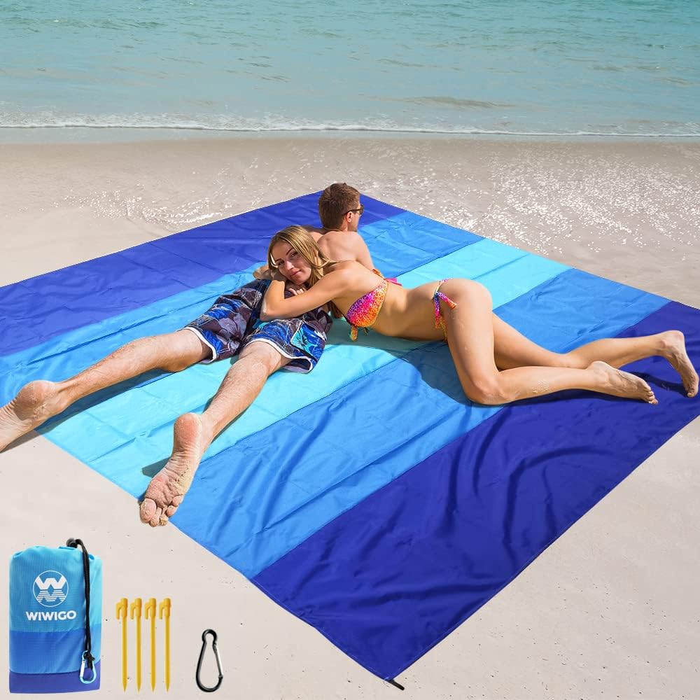 WIWIGO Beach Blanket Waterproof Sandproof Beach Mat 79" X 83"\/10'x9'for 2-8 Adults Quick Drying Outdoor Picnic Mat Beach Accessories for Travel, Camping, Hiking