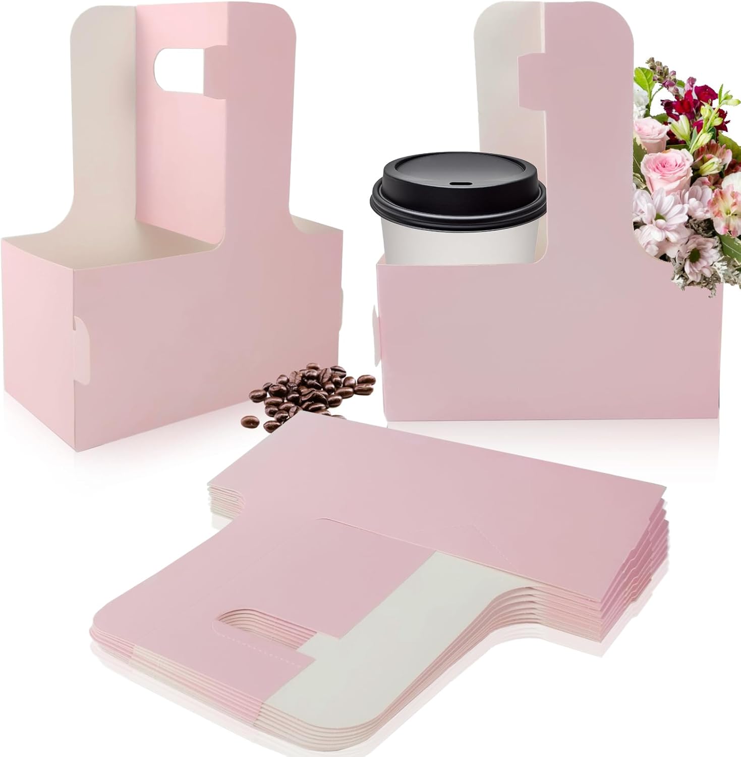 Lalvam 2 Cup Drink Carrier with Handle, 8 Pcs Pink Cardboard Cup Holders, Disposable Cup Carriers for Drinks Coffee or Food Delivery, Take Out Cup Carriers (Pink, 8 Pcs)