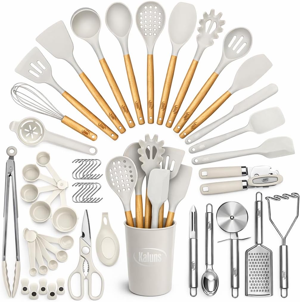Kaluns 50 PCS Silicone Kitchen Utensils Set Complete Kitchen Set - 800°F Heat Resistant Non-Stick Premium Silicone Cooking Utensils W Wooden Handles - Can Opener, Masher, Turner, Silicone Spatula Set