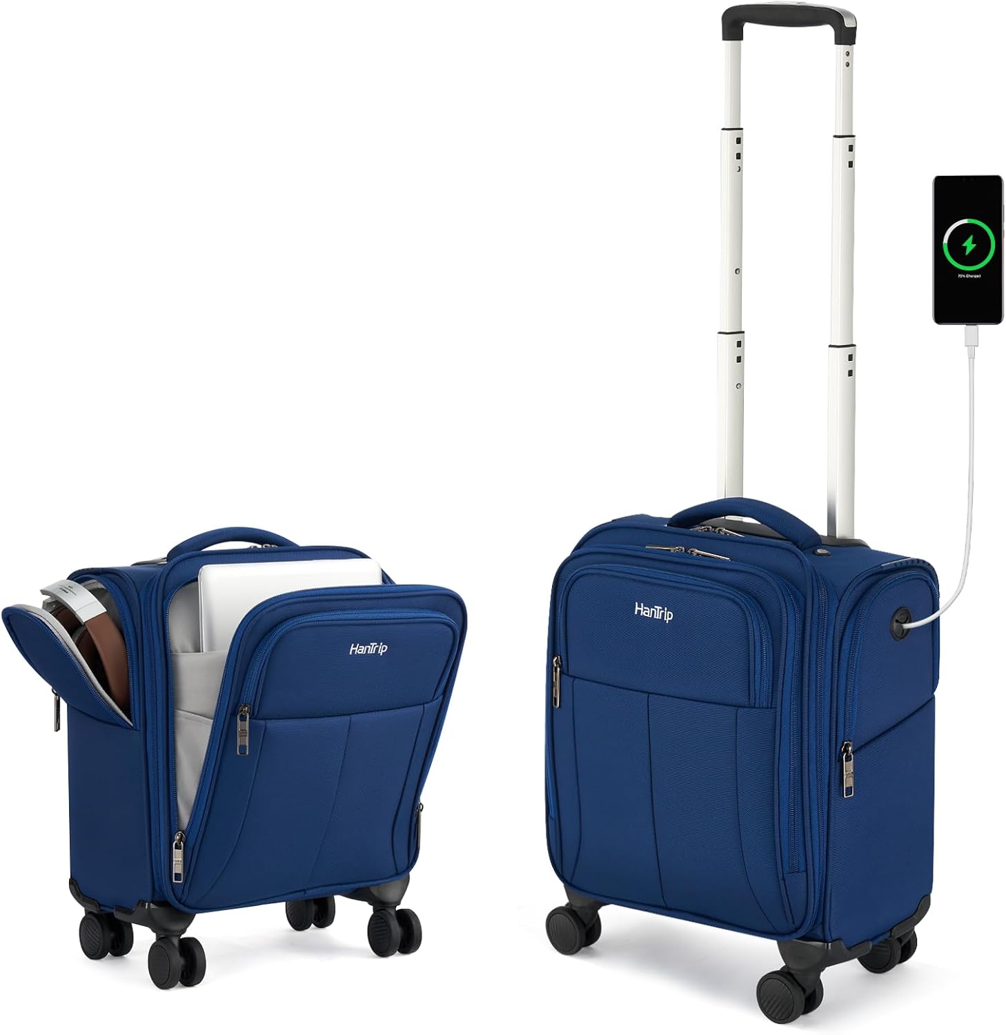 HanTrip 16 Inch Underseat Carry On Luggage with Wheels Softside Small Suitcases Personal Item Bag with Pocket Travel Luggage for Men Women Business Overnight Bag(Blue)