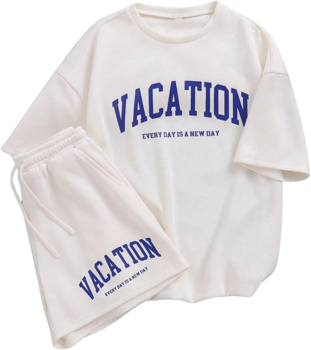 Verdusa Girl's Tracksuit Sets 2 Piece Outfits Letter Print Vacation Tee Top and Drawstring Waist Shorts