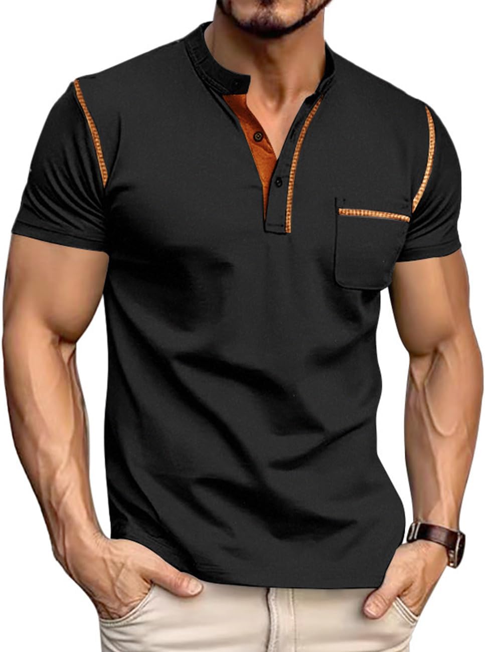 QOSOQ Men's Henley Shirt Short Sleeve T-Shirt Casual Top Pullover Summer Lightweight Tee Shirts with Button