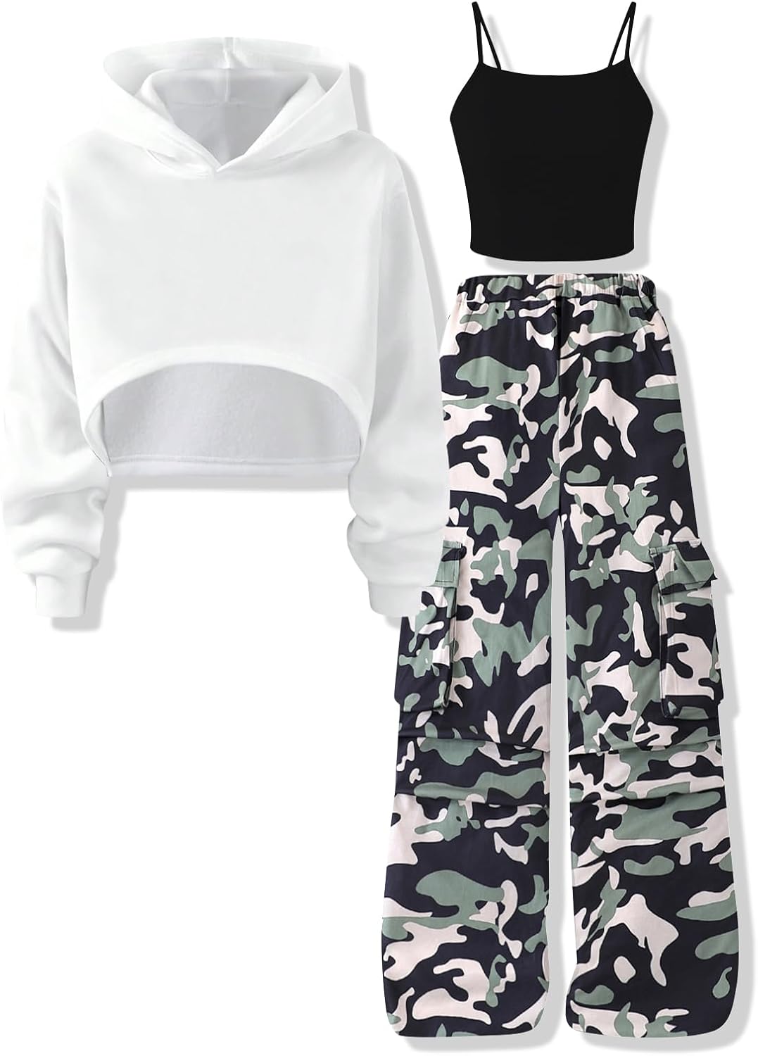 Voxikodex Girls Cute Clothes 3 Piece Cropped Hoodie + Cami Top + Cargo Pants Winter Spring Outfits for Teen Girls Size 7-14Y