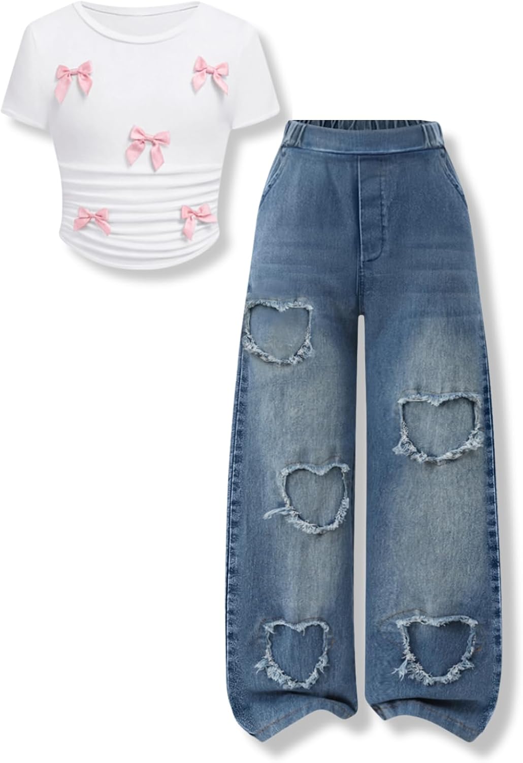 Voxikidio Size 7-14 Years Girls 2 Piece Outfits Bow Short-Sleeved Top and Jeans Pants Clothing Set