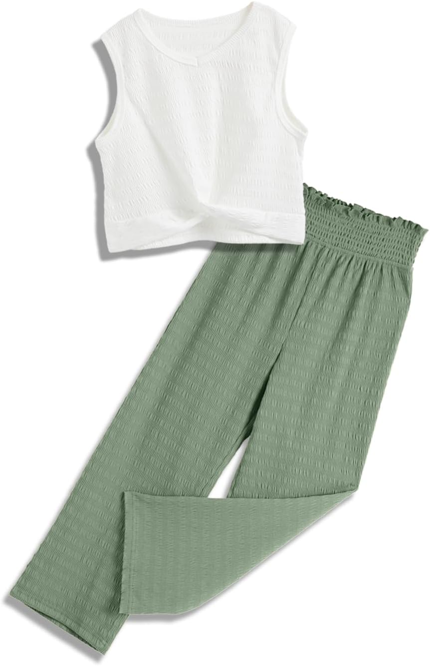 Handfrog Girls\u2019 Clothing Sets Sleeveless Bow Crop Top Wide Leg Linen Pants 2026 Summer Outfits Cute Kids Clothes