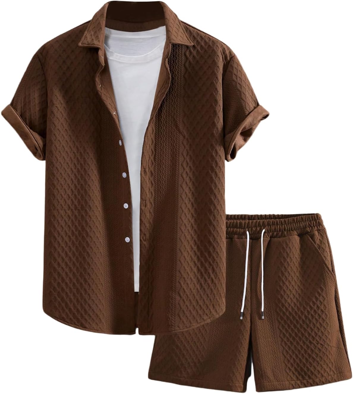 GORGLITTER Men's 2 Piece Outfits Waffle Knit Button Down Shirt Top and Shorts Set