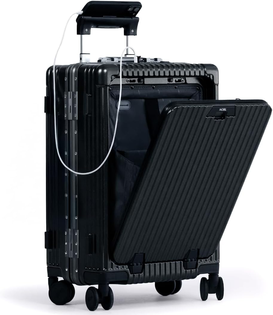 Nobl Travel Carry On Luggage, Noble Zipperless Aluminum Frame, 22.5x15x9.5, 360 Degree Spinner Wheels, TSA Locks, USB Charging Port, Cup &amp; Phone Holder - Jet Black