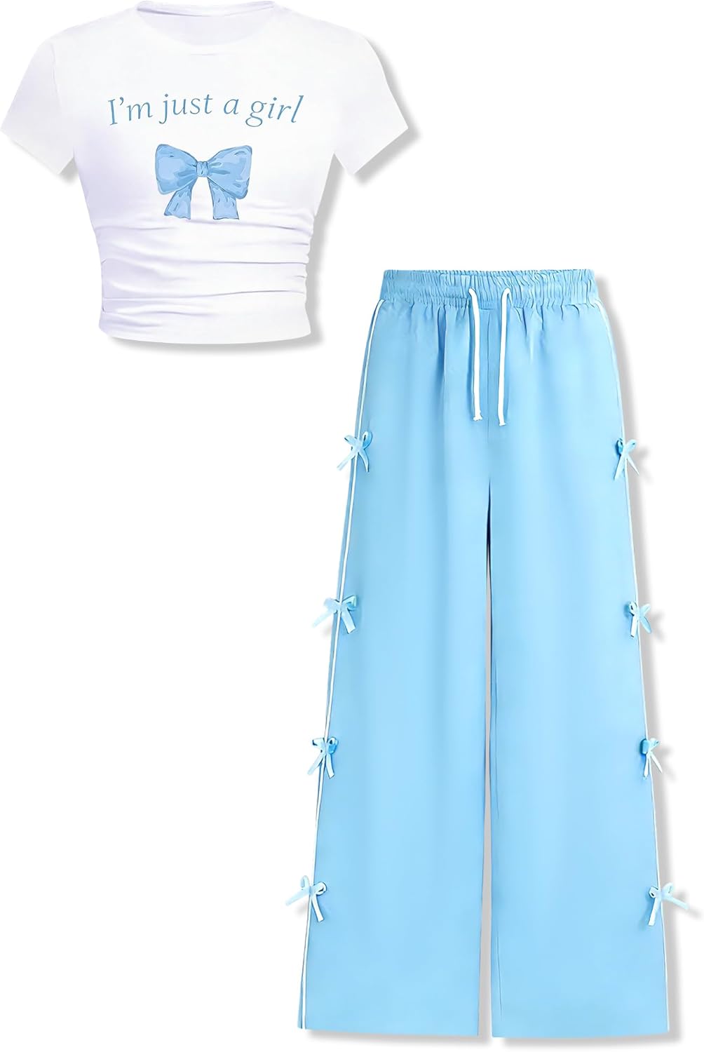 Afsmlys Tween Girls Clothes Short Sleeve Graphic T-Shirt Top + Bow Knot Pants 2 Piece Outfit Set, Size 7-16Years