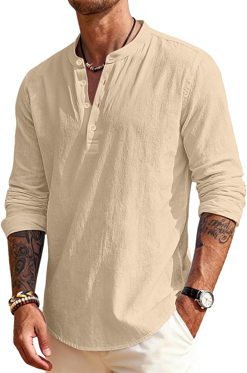 QOSOQ Men's Linen Shirts Henley T-Shirts Long Sleeve Casual Beach T-Shirts Solid Tops Shirts for Men