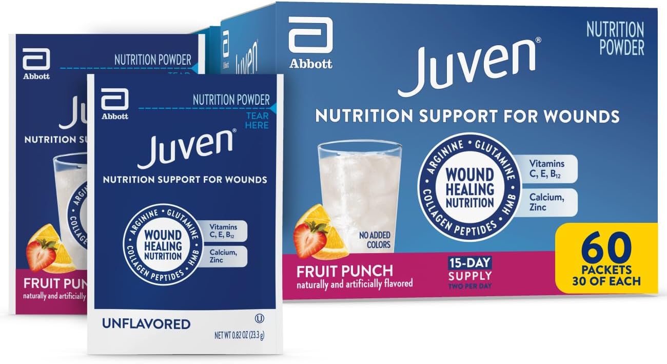 Juven Therapeutic Nutrition Drink Mix Powder for Wound Healing, Includes Collagen Protein, Unflavored 30 Count and Fruit Punch 30 Count