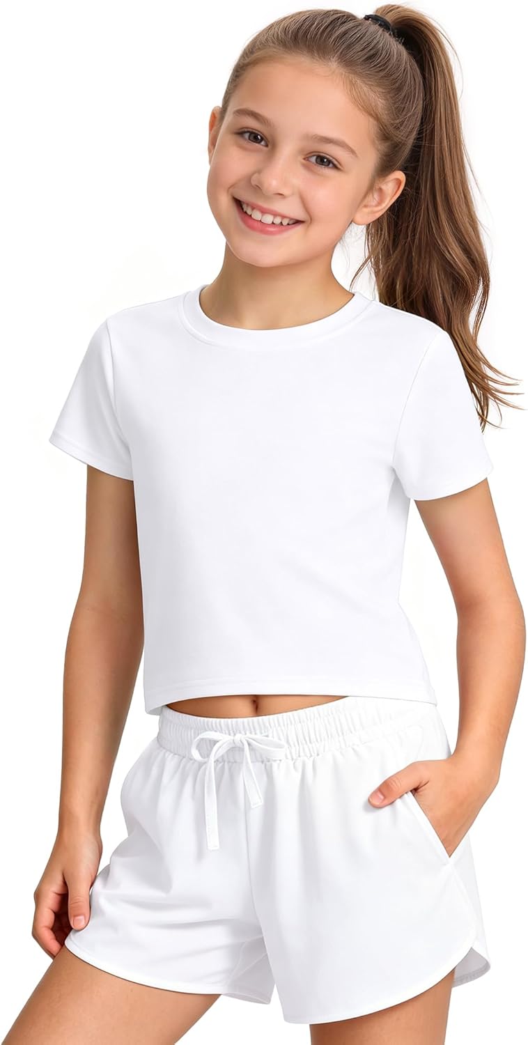 HASMES Girls Crop Tops Athletic Short Sleeve Round Neck Basic Tees for Kids 7-14Y