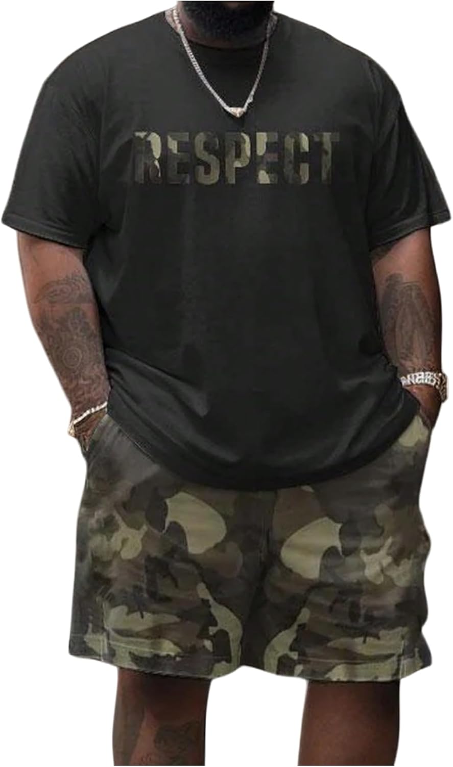 WDIRARA Men's Big and Tall 2 Piece Outfits Letter Camo Print Short Sleeve Tracksuit Track Shorts Set