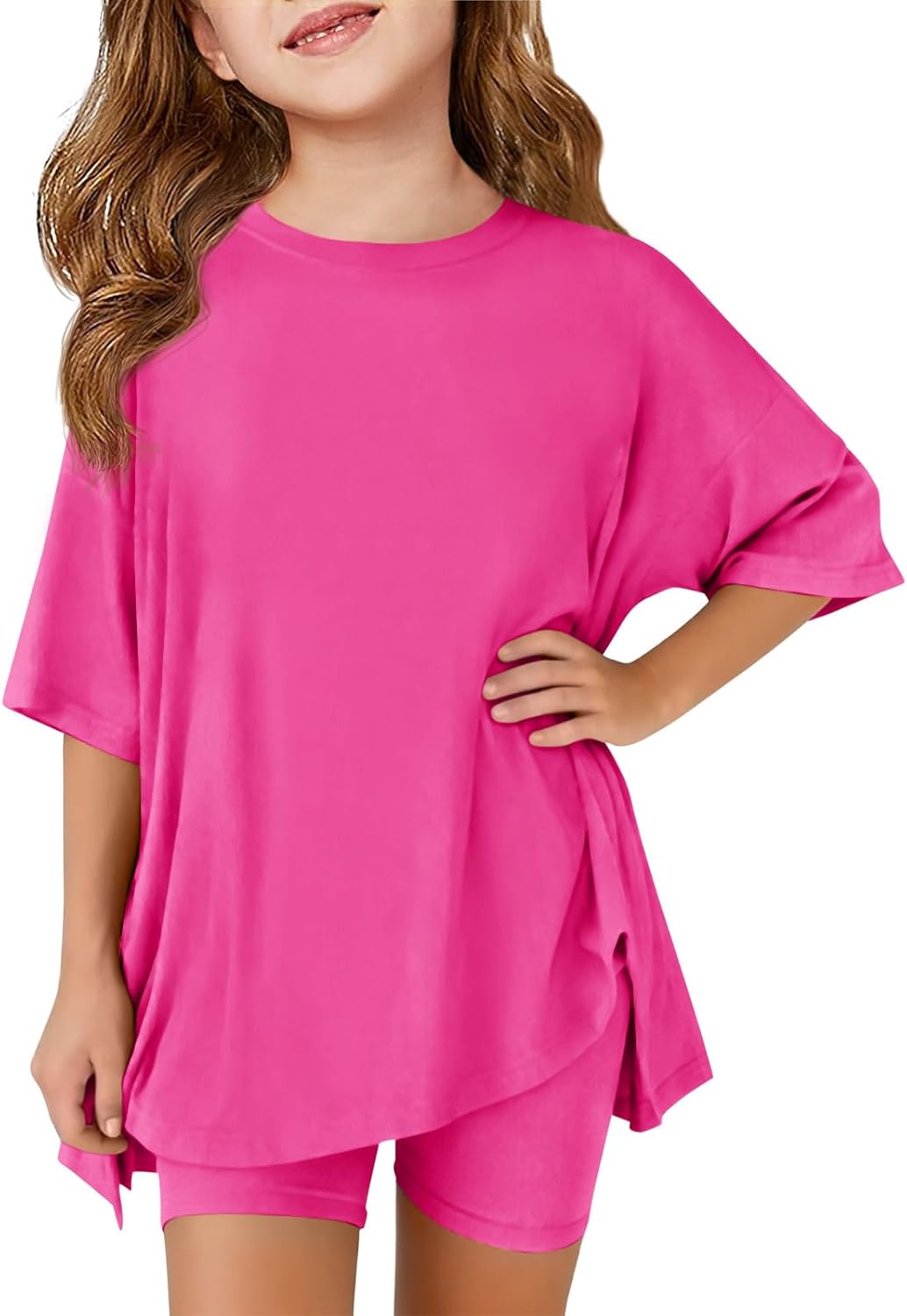 Haloumoning Girls Summer Outfits Casual Lounge Set Kids Oversized Side Split Shirts and Biker Shorts 2 Piece Clothing Sets
