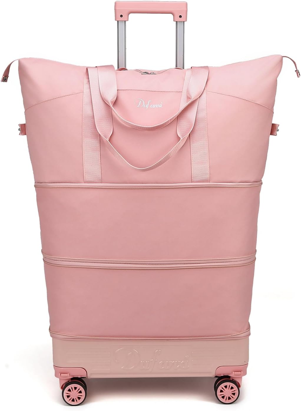 Dufanxi Expandable Rolling Travel Bag with Removable Wheels &amp; Handle, Large Capacity Wheeled Duffle Tote, Foldable Carry On Luggage for Women, Lightweight Weekender Overnight Bag (Pink)