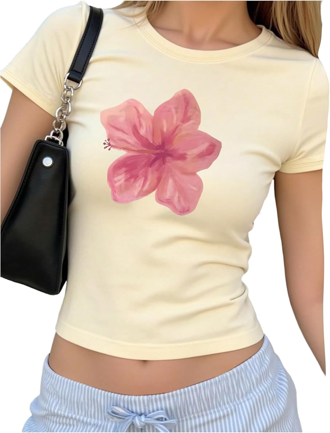 RoseSeek Floral Graphic Crop Tops for Girls Short Sleeve Slim fit Preppy Summer T Shirt Y2k Tops Trendy