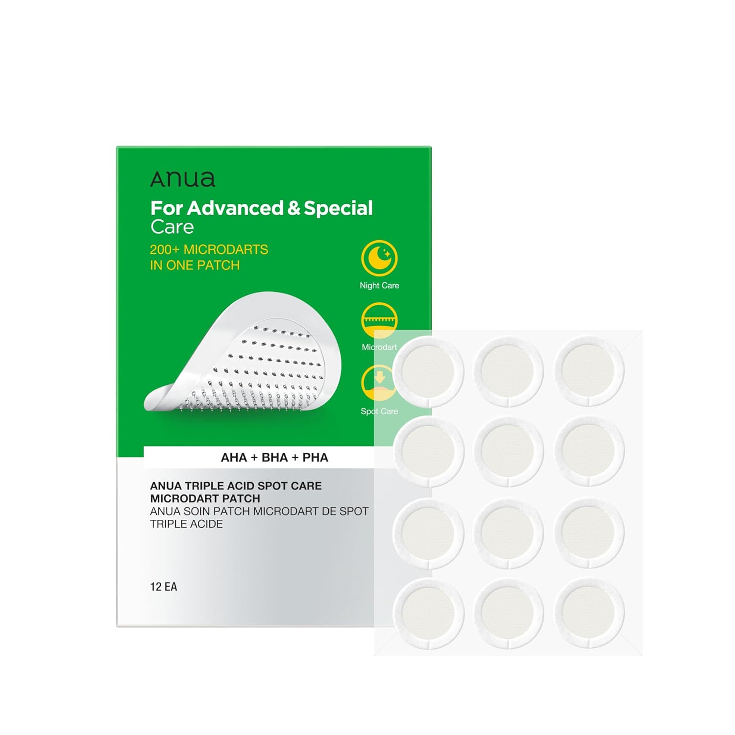 Anua Triple Acid Spot Care Microdart Patch, Spot Patches &amp; Stickers for Face, 200+ Microdarts with AHA + BHA + PHA, Hydrocolloid Overnight Face Patch for Early Stage Spot, Korean Skincare, 12 Coun