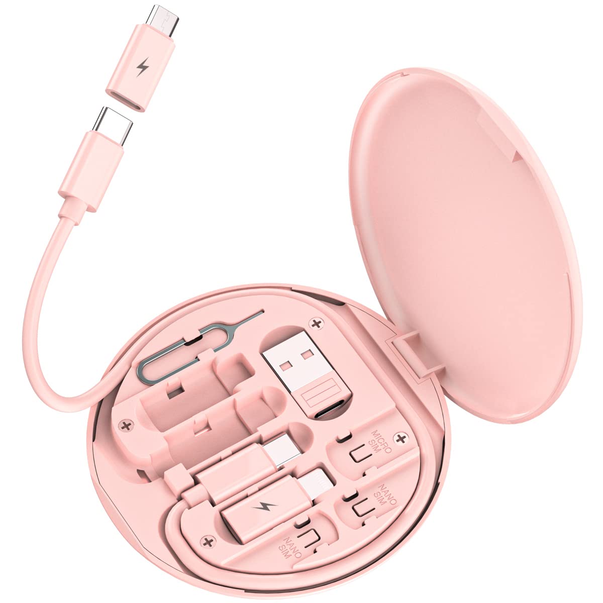 Multi USB Charging Adapter Cable Kit, USB C to iOS Device Adapter Box, Conversion Set A &amp; Type C to Male Micro \/Type C\/iOS Device, Data Transfer, Card Storage, Tray Eject Pin, Phone Holder (pink