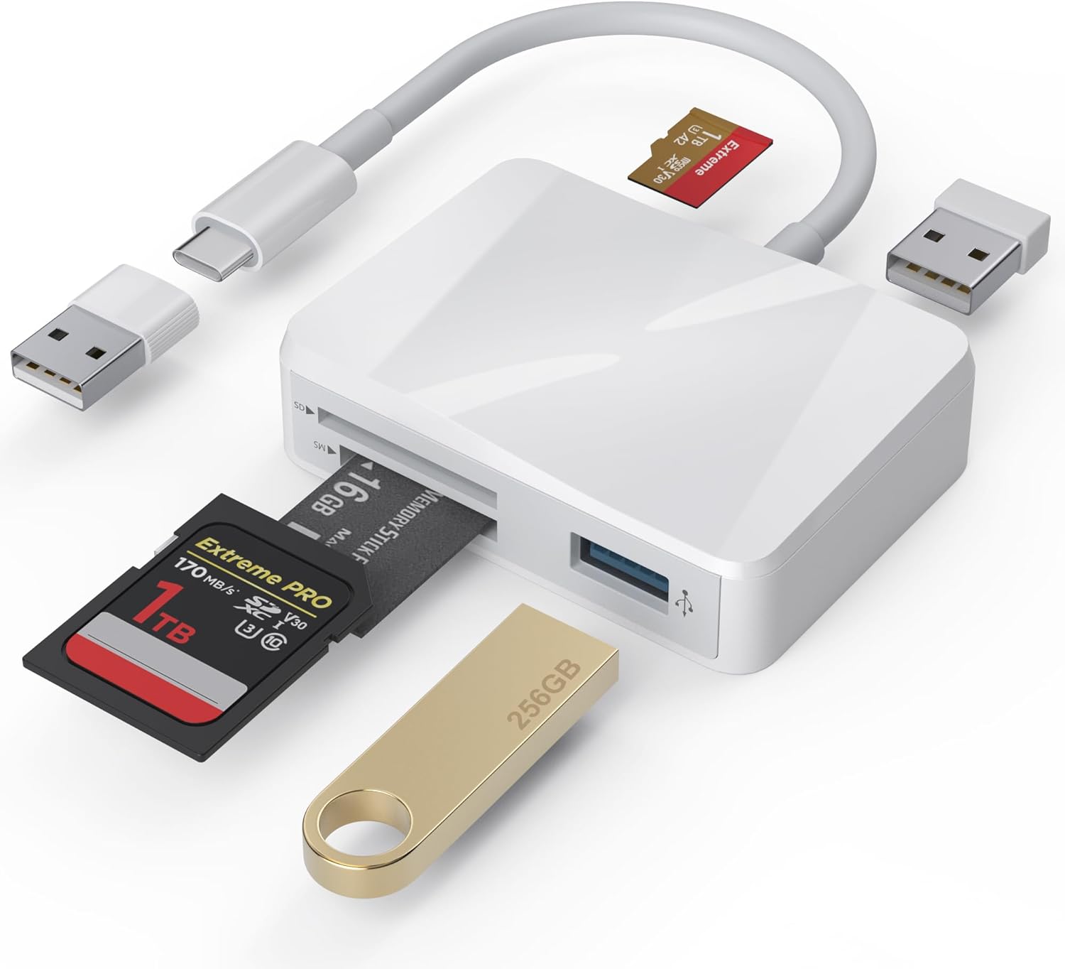 SD Card Reader, 5 in 1 USB-C &amp; USB Card Adapter with SD\/MicroSD\/MS and Dual USB-A Ports Memory Card Reader for iPhone 17\/16\/15 Pro Max iPad MacBook Pro\/Air M4\/M3 Android Phone\/Tablet PC (Wh