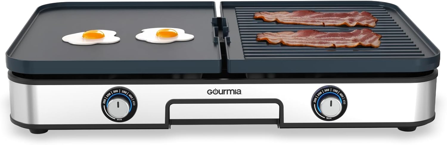 Gourmia 3-in-1 Indoor Grill &amp; Griddle Electric Combo \u2013 Dual Independent Cooking Zones, Reversible Nonstick Ceramic Plates, XL Cooking Surface, 250\u2013400°F Adjustable Temp, Dishwasher Safe