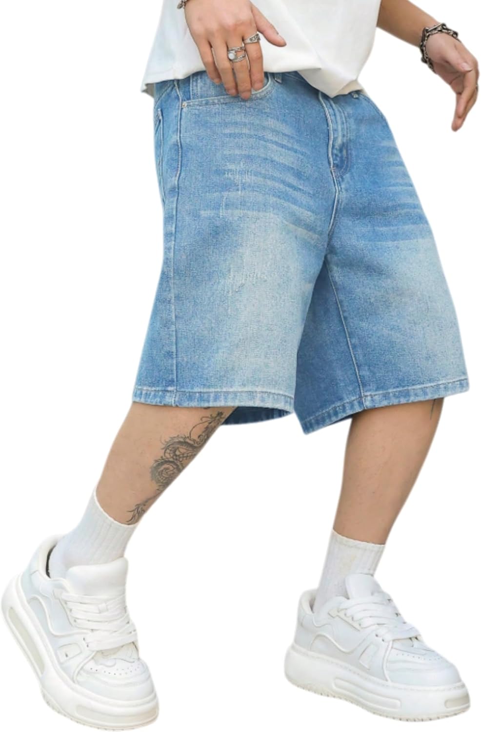 LuminBlaze Mens Baggy Jean Shorts Loose Fit Vintage Wide Leg Jorts Y2K Streetwear Hip Hop Casual Long Denim Shorts