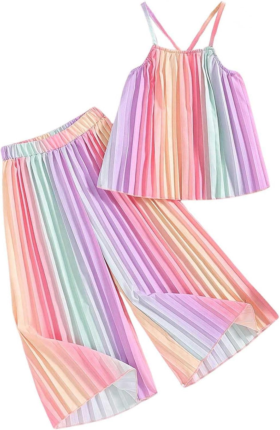 RoseSeek Girl's 2 Piece Boho Cute Outfits Pleated Spaghetti Strap Camisoles Elastic Waist Wide Leg Pants Sets