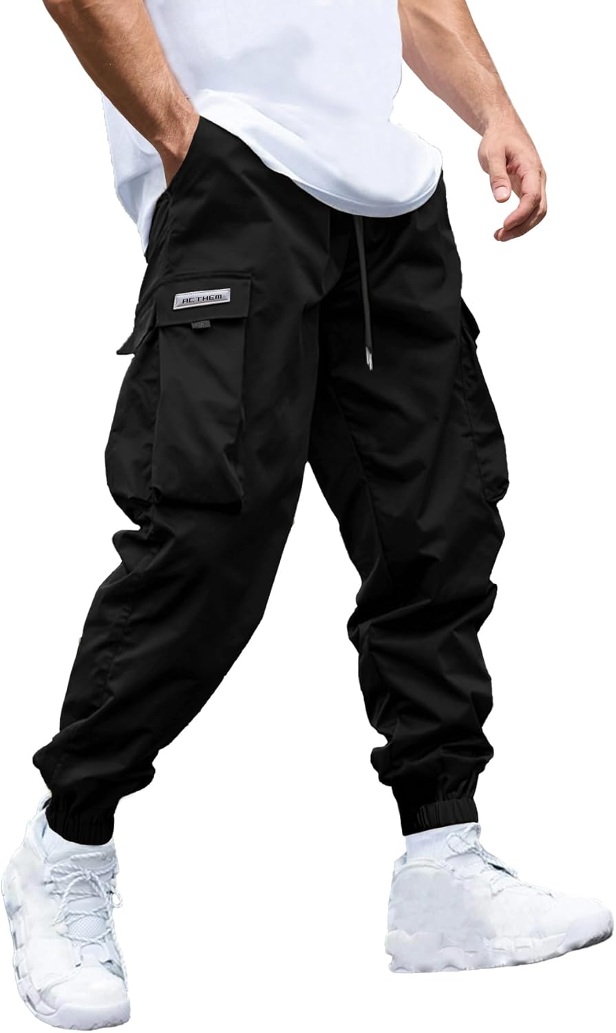 JEMLDL Mens Cargo Joggers Pants Elastic Waist Drawstring with Flap Pockets Techwear Pants for Men