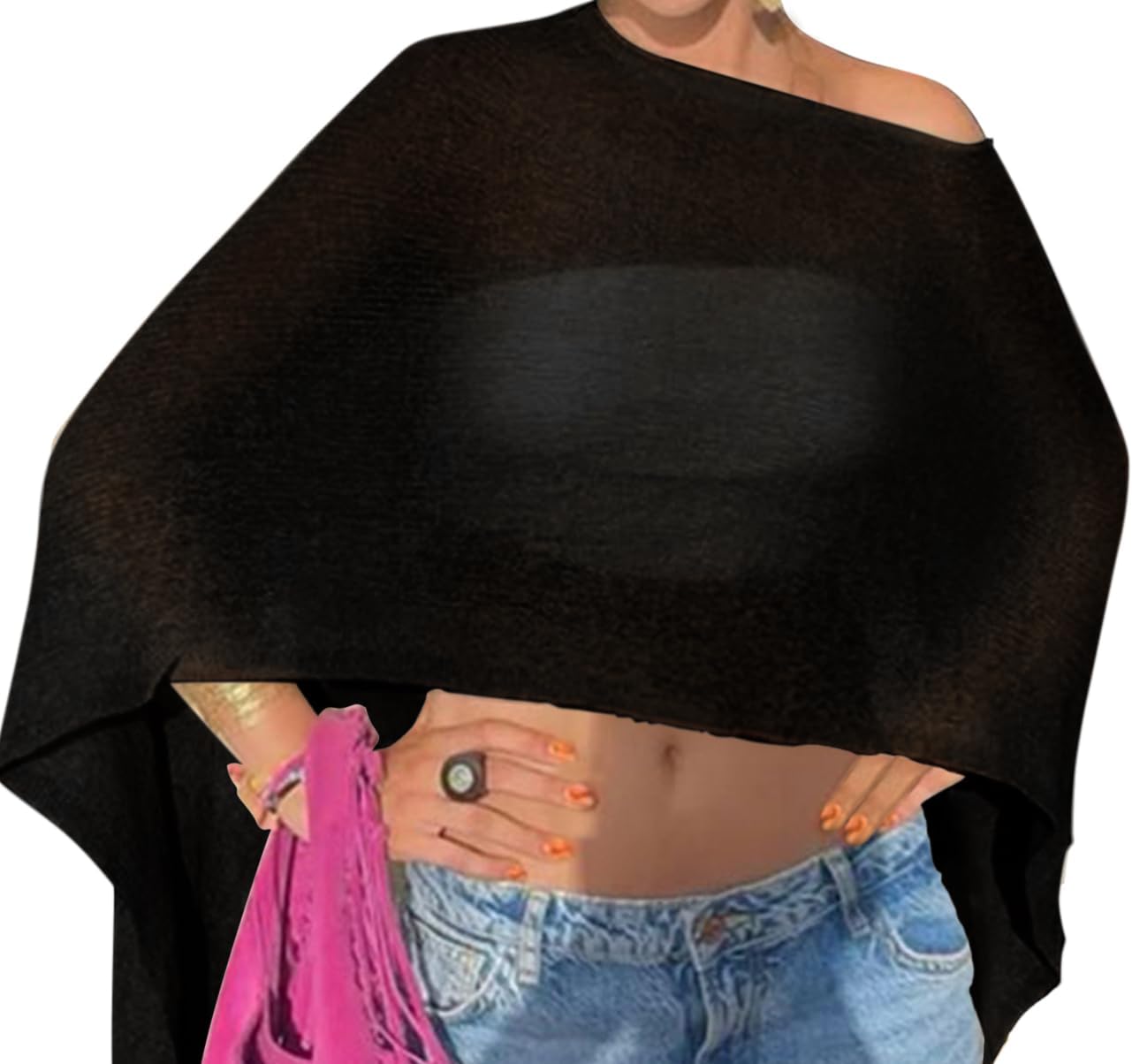 Vicarly Off The Shoulder Sheer Crochet Vacation Outfits Poncho Sweater Top Summer Beach Cover Up