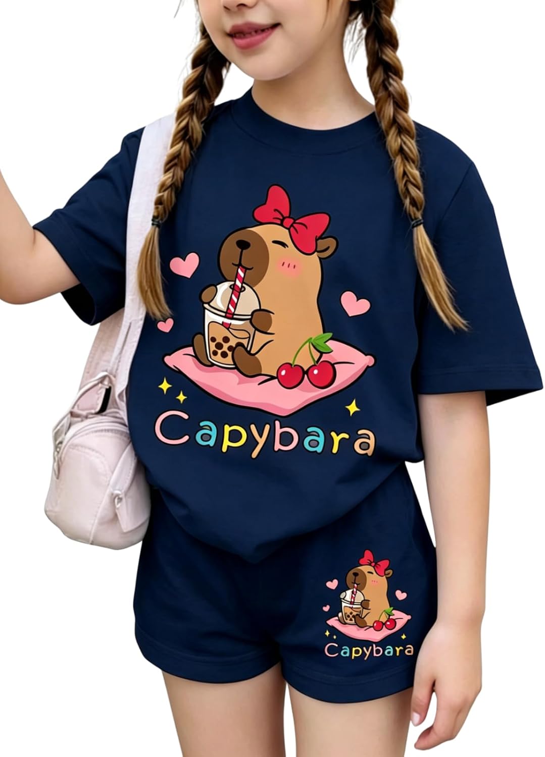 Voxikidio Girls Summer Clothes Cute Capybara Print &amp; Cherry Bow Short Sleeve Shorts Set Tween Girl Outfits Size 6-12