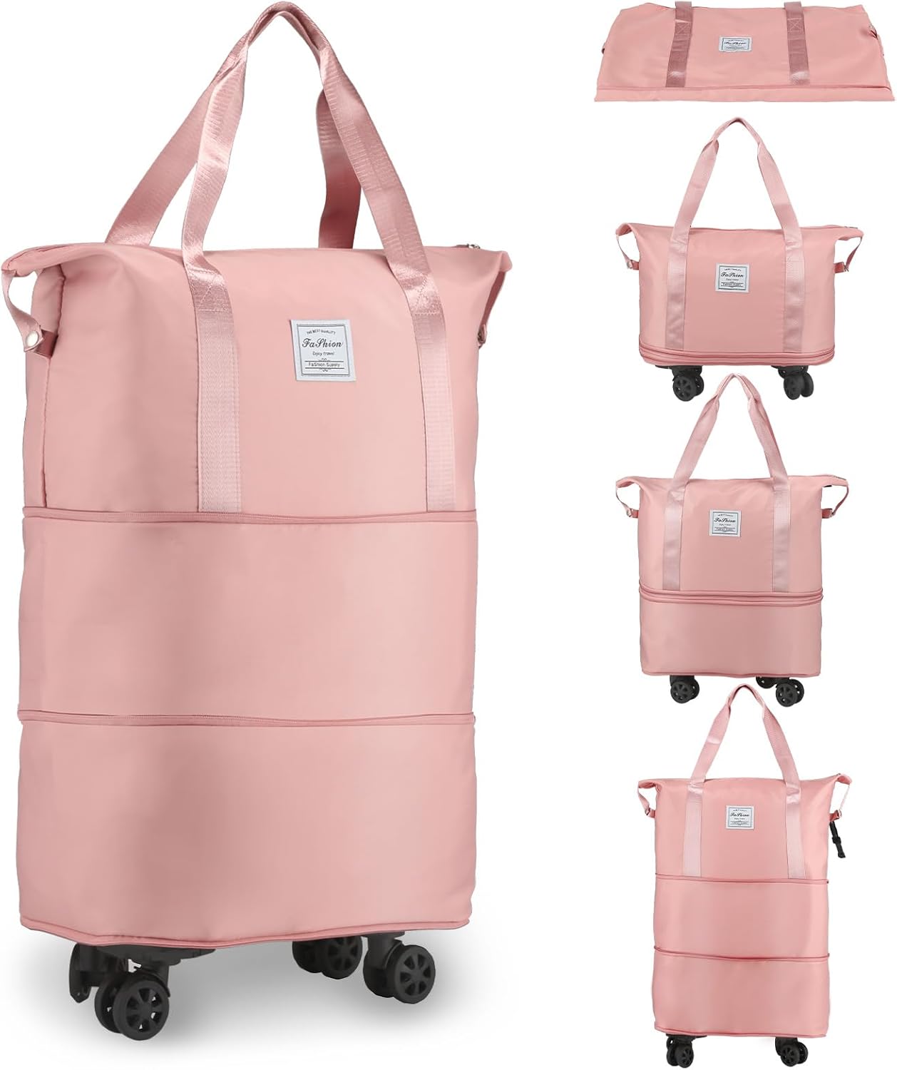 VOOWO Rolling Duffle Bag with Wheels, Expandable Foldable Duffle Bag for Travel, Rolling Under Seat Luggage Carry on Duffel Bags, Wheeled Travel Duffel Large Overnight Weekend Bags (Pink)