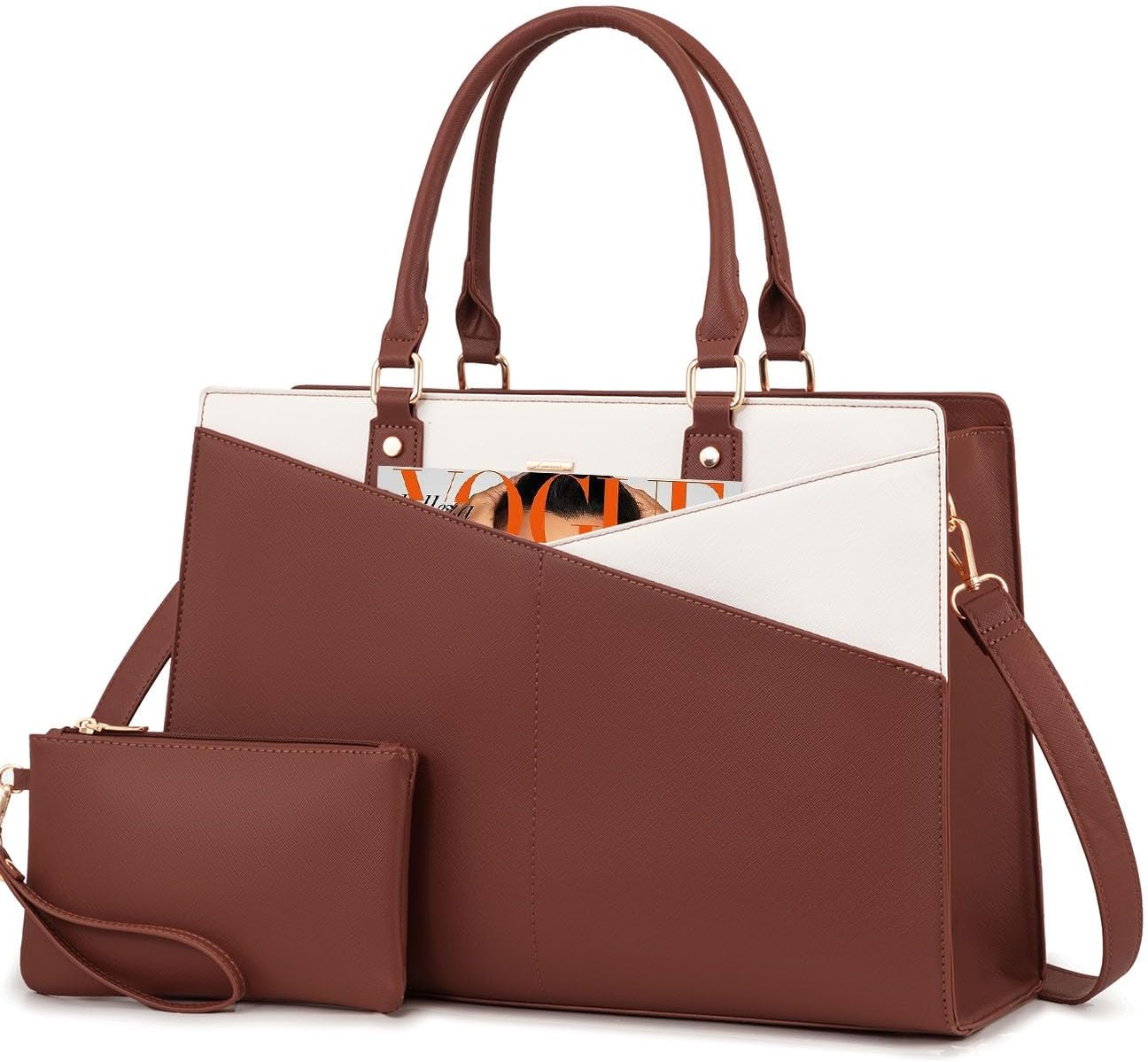 LOVEVOOK Laptop Tote Bag for Women, Leather Business Office Work Bag Computer Briefcase with Small Clutch fit for 15.6 Inch Laptop,Brown-Beige