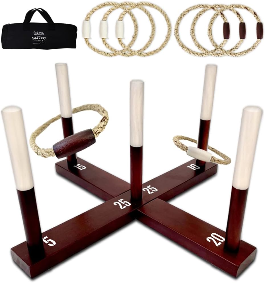 Swooc Games - Rustic Ring Toss Game (All Weather) - Easy Setup &amp; Extra Games Included - Ring Toss Game for Adults - Outdoor Activities for Adults - Yard Toys for Kids - Backyard Fun - Outdoor Part