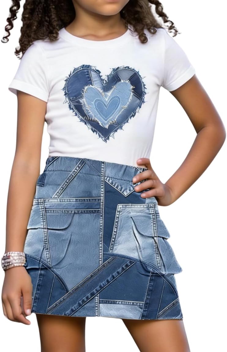 Afsmlys Tween Girl Clothes Short Sleeve Bow Knot Top + Denim Mini Skirt Teen Girl Clothing, Size 8-14 Years